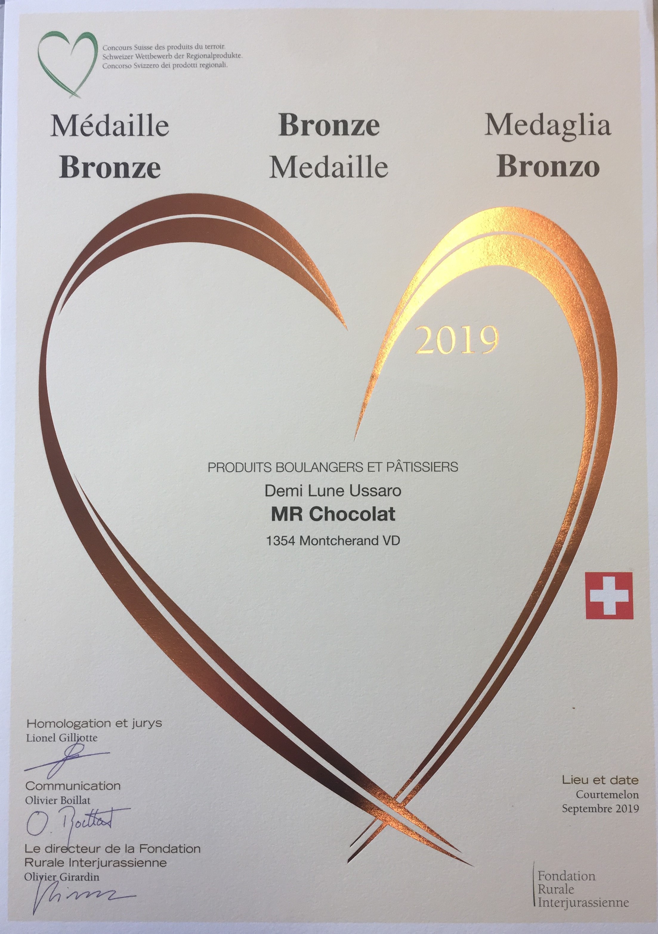 Médaille de bronze 2019 concours suisse des produits du terroir